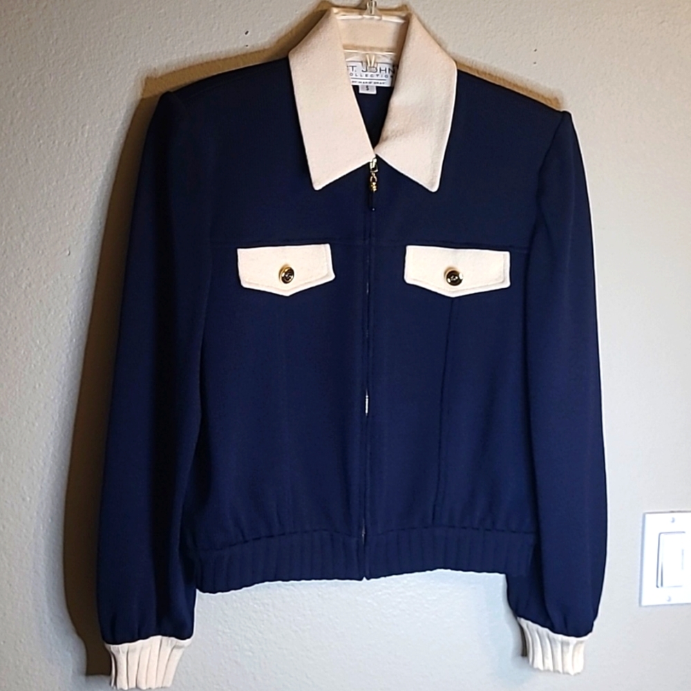 St John Collection by Marie Gray Knit Jacket, dark blue & cream, size S. Vintage
